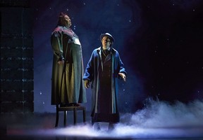 Marshall Vielle, left, with Haysam Kadri in Theatre Calgary’s three-actor version of A Christmas Carol. Courtesy, Trudie Lee