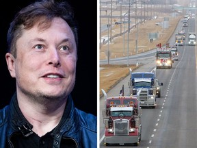 Elon Musk, left, voiced his support for the so-called "freedom convoy" of Canadian truckers, seen here heading east on the Trans-Canada Highway towards Ottawa. The convoy plans a rally protesting vaccine mandates in the capital on Saturday.