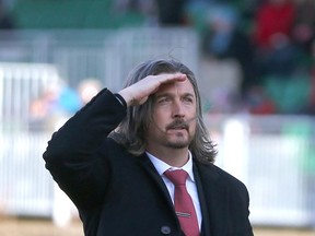 Cavalry FC GM/head coach Tommy Wheeldon Jr. salutes the crowd at Spruce Meadows in this photo from Nov. 20.
