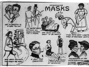 Cartoon illustration from the Calgary Daily Herald, Oct. 26, 1918. The law required anyone going out in public to wear a gauze mask to prevent the spread of the Spanish Flu epidemic. In an attempt to put some humour into the situation, the cartoon showed among other things, that the mask was "not a success as a love filter," and could lead to other problems such as "mistaken identities."