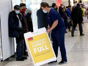The City of Calgary’s mobile vaccination program ran out of doses at Southcentre Mall on Monday, Jan. 3, 2021. The mobile station supports people struggling with barriers to vaccination.