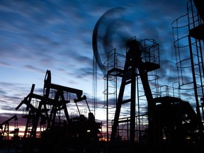 Oil pumping jacks, also known as "nodding donkeys", operate in an oilfield near Neftekamsk, in the Republic of Bashkortostan, Russia.