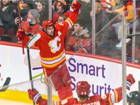 Calgary Flames Sean Monahan celebrates a goal against Winnipeg Jets during the second period of NHL action at Scotiabank Saddledome on Monday, February 21, 2022.