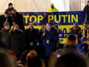 Premier Jason Kenney speaks to local Ukrainians at a rally at the Alberta legislature in Edmonton on Thursday, Feb. 24, 2022. Kenney had called for a ban on Russian oil imports. The  federal government announced such a ban on Monday in Ottawa.