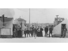 This photo of the Phillips family and friends shows another example of tent life in Calgary, in 1904. The family came here from Ohioand lived in a bell tent in the city, prior to homesteading near Crossfield. The tent base was boarded up to protect occupants from cold weather. Photo courtesy Glenbow Archives; NA-3458-2.