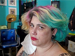 Victoria Stevens, a hairstylist at Metropolitan Rockabilly Hair Design in Edmonton, has a black eye after being punched in the face on Wednesday Feb. 2, 2022, by a middle-aged Caucasian man who entered her salon and refused to wear a face covering.