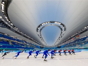 Speed skaters train at the National Speed Skating Oval at the Beijing 2022 Winter Olympics on Wednesday, February 9, 2022. 

Gavin Young/Postmedia
