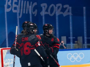 Canada celebrates a goal on Sweden in quarter final action in women's hockey at the Beijing 2022 Winter Olympics on Friday, February 11, 2022. 

Gavin Young/Postmedia