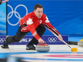 Team Canada skip Brad Gushue throws last rock during the bronze medal game against the USA at the Beijing 2022 Winter Olympics on Friday, February 18, 2022. 

Gavin Young/Postmedia