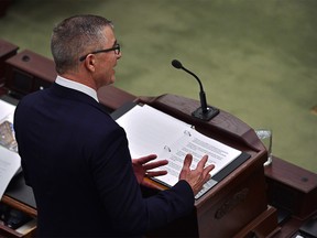 Finance Minister Travis Toews delivering the 2022 Alberta budget in the Chambers at the Alberta Legislature in Edmonton, February 24, 2022.