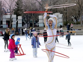 Kate Ryan from The Little Red Ball Company performs at Chinook Blast festivities at the Olympic plaza in Calgary on Sunday, February 13, 2022.