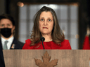 Deputy Prime Minister Chrystia Freeland speaks at a news conference following a meeting on the situation in Ukraine on Parliament Hill in Ottawa on February 28, 2022.