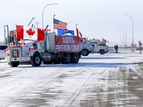An agreement between truckers and RCMP saw one lane of traffic opened both ways at the Coutts international border crossing on Wednesday, Feb. 2, 2022.