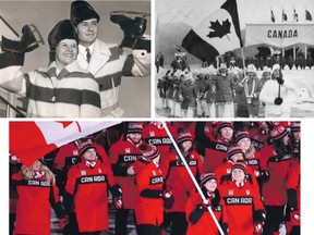 Winter Olympic flag bearers for Canada over the years have included  Robert Paul in 1960 (top left, pictured with his figure skating partner Barbara Wagner), skier Ken Read in 1980 (top right), and ice dance team Tessa Virtue and Scott Moir in 2018 (bottom photo.)