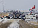 Trucks at the Coutts international border crossing on February 3, 2022.
