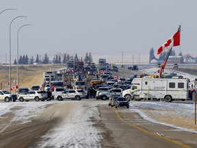 Trucks at the Coutts border crossing on Feb. 3, 2022.