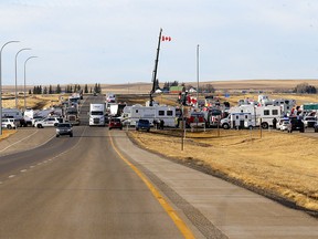 The roadblock on Highway 4 outside of Milk River heading towards the Coutts border crossing on Tuesday, February 8, 2022.