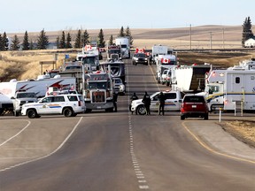 The roadblock on Highway 4 outside of Milk River heading towards the Coutts border crossing as protesters continued to slow down traffic but still keep a lane open in both directions on Tuesday, February 8, 2022.