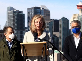 NDP Leader Rachel Notley speaks to reporters on Scotsman Hill following Premier Jason Kenney's Tuesday afternoon announcement to lift some COVID-19 restrictions.  Wednesday, February 9, 2022.