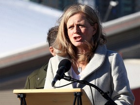 NDP Leader Rachel Notley speaks to reporters on Scotsman Hill following Premier Jason Kenney’s Tuesday afternoon announcement to lift some COVID-19 restrictions. Wednesday, February 9, 2022.