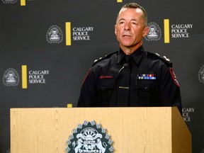 Calgary Chief Constable Mark Neufeld speaks via live stream on the officer-involved shooting death of Latjor Tuel over the weekend at police headquarters in Calgary on Tuesday, February 22, 2022.