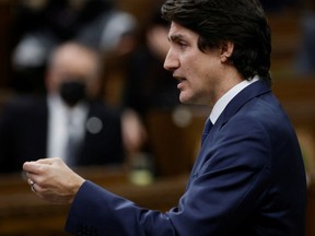 Prime Minister Justin Trudeau during Question Period in the House of Commons on Parliament Hill after police ended three weeks of an occupation of the capital by protesters in Ottawa, February 21, 2022. REUTERS/Blair Gable