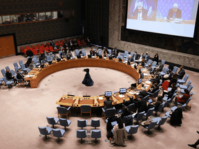 The United Nations Security Council holds a meeting to address Russia's invasion of Ukraine, at UN headquarters on February 28, 2022 in New York City.