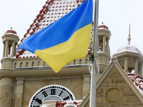 FILE PHOTO: The flag of Ukraine at the city hall. Thursday 24 February 2022.