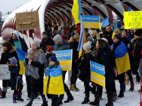 Hundreds came out to show support as the Ukrainian Canadian Council Calgary chapter organized a rally at the Peace Bridge on the current conflict in Ukraine in Calgary on Thursday, February 24, 2022.