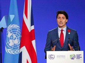 Prime Minister Justin Trudeau presents his national statement as part of the World Leaders' Summit of the COP26 UN Climate Change Conference in Glasgow, Scotland on November 1, 2021.