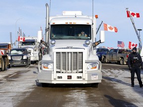 The roadblock on Highway 4 and 501 outside of Milk River heading towards the Coutts border crossing is ongoing with trucks still getting through one lane on Friday, February 4, 2022.