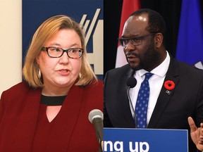 Susan Hughson, left, resigned as head of Alberta's police watchdog on Nov. 30, 2021. Justice Minister Kaycee Madu said her departure was "not a resignation as the media has reported."
