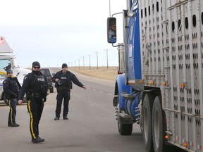 Police guide traffic slowly through a protest on Highway 4 outside of Milk River heading towards the Coutts border  on Tuesday, February 8, 2022.