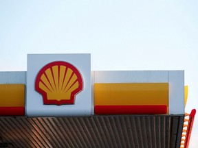 A Shell petrol station sign in Milton Keynes, Britain.