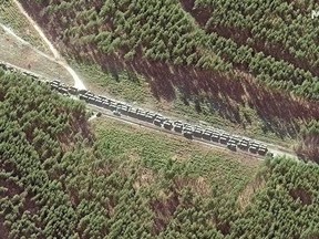 This Maxar satellite image taken and released on February 28, 2022, shows a close up view of a deployment of Russian armoured equipment southeast of Ivankiv, north of Kyiv, Ukraine. PHOTO BY SATELLITE IMAGE ©2022 MAXAR TECHNOLOGIES / AFP