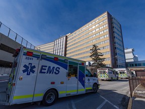 Ambulances outside the emergency entrance at Foothills Medical Centre on Thursday, March 10, 2022.