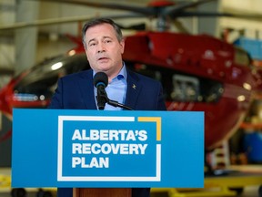 Premier Jason Kenney speaks at a press conference providing details on the STARS air ambulance funding at STARS hangar on Friday, March 25, 2022.