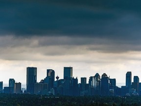 Pictured is downtown Calgary's skyline view from Nose Hill Park moments before it was taken over by stormy clouds on Thursday, July 23, 2020.