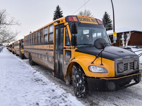 School buses line up outside a charter school in Calgary.