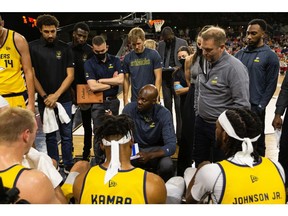 Edmonton Stingers GM/head coach Jermaine Small, pictured speaking to his players during a game last season, says his club has to “play desperate” in the upcoming phase of the Basketball Champions League Americas in Calgary.