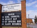 Sir John A. MacDonald School in Calgary on Monday, March 28, 2022. Students and advocates are calling on the school to change its name because of Sir John A. MacDonald who is an advocate of the residential school system.