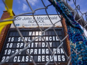 Sir John A. MacDonald School in Calgary on Monday, March 28, 2022. Students and advocates are calling for the school to change its name due to Sir John A. MacDonald being a proponent of the residential school system.