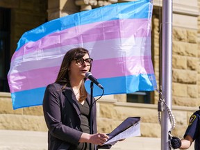 Anna Murphy, vice-chair of the city of Calgary Social Wellbeing Advisory Committee, speaks at the transgender flag raising at city hall in Calgary on Thursday, March 31, 2022.