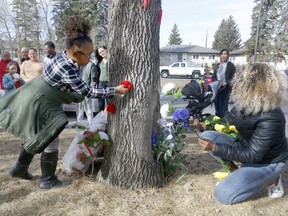 Family and friends set up a one-year memorial for Jesse George, who was fatally shot in the 5200 block of Memorial Drive S.E. in Calgary on Sunday, March 27, 2022. Darren Makowichuk/Postmedia