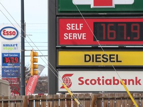 Les prix de l'essence à environ 1,68 $ / litre sont annoncés sur la 16e Avenue NE à Calgary le lundi 7 mars 2022. L'Alberta a annoncé qu'elle abandonnait la taxe de vente provinciale sur le carburant pour aider les consommateurs à faire face à la flambée des prix.