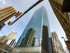 The Brookfield Place building in Calgary was photographed on Friday, March 11, 2022. The office tower will be undergoing an engineering review after multiple instances of glass breaking and falling on the street below.