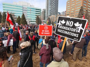Anti mandate protesters rally in Central Memorial Park on Saturday, March 19, 2022. The protesters then walked on the sidewalks to City Hall.
Gavin Young/Postmedia