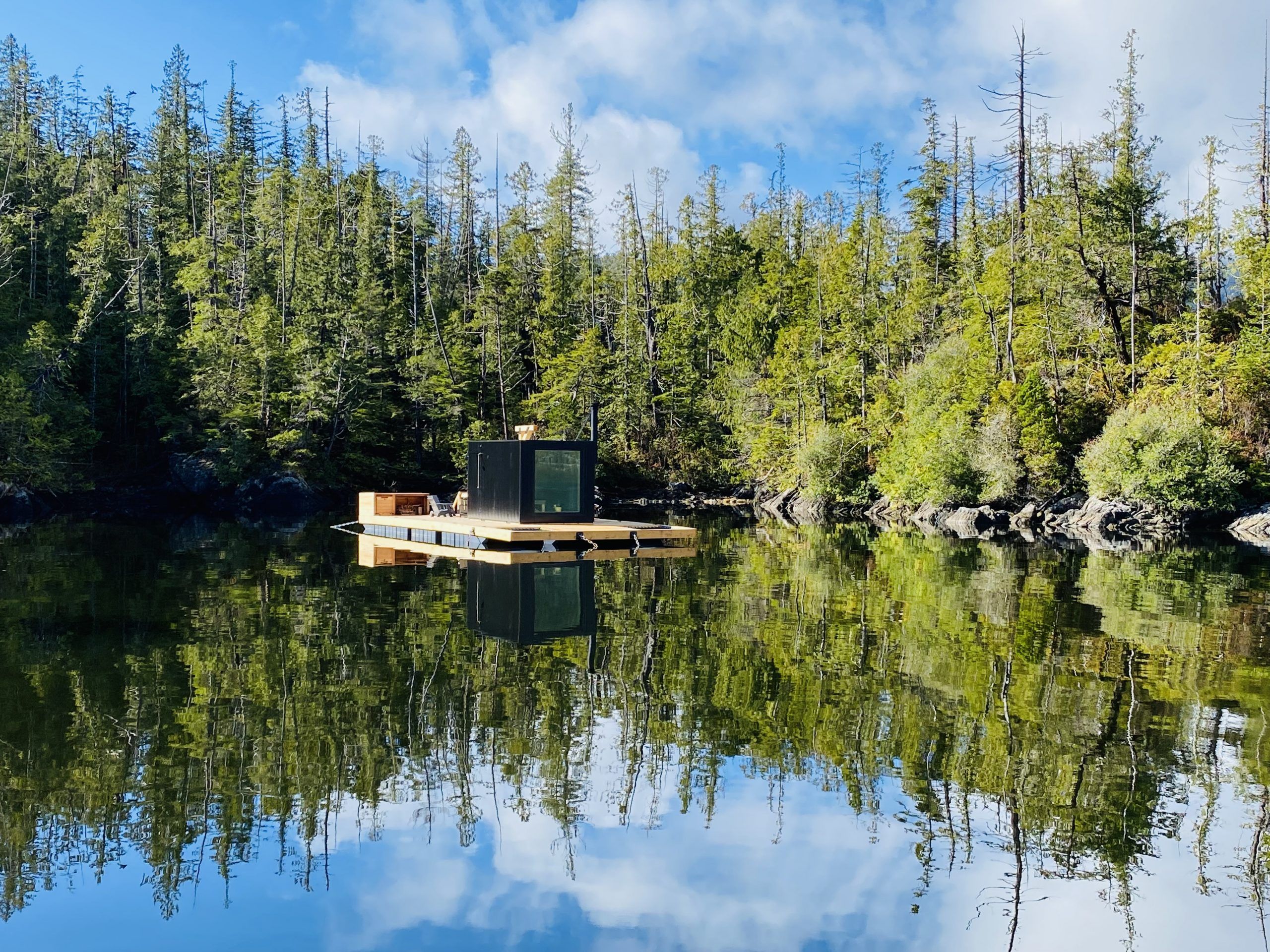 The new floating sauna near Tofino sits on a floating dock in Clayoquot Sound - one of the prettiest spots on the planet.