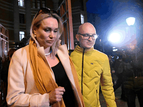 Marina Ovsyannikova, the editor at the state broadcaster Channel One who protested against Russian military action in Ukraine during the evening news broadcast at the station, leaves a Moscow court on March 15, 2022.