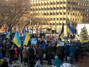 Hundreds gather at city hall to show their solidarity with Ukraine. March 6, 2022.